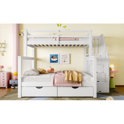 Bunk Beds For Kids, Double High Sleeper Bed Frame With Storage And Guardrail, Space-Saving Design With Drawer Storage, Children Cabin Bed With Storage Stair For Bedroom, Dorm, White No Mattress