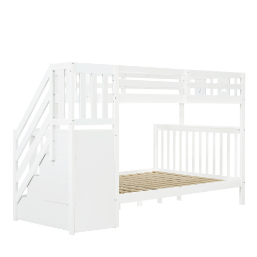 Bunk Beds For Kids, Double High Sleeper Bed Frame With Storage And Guardrail, Space-Saving Design With Drawer Storage, Children Cabin Bed With Storage Stair For Bedroom, Dorm, White No Mattress