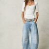 High Stretch Mid-Rise Barrel Jeans Fashion Wide Leg Shape Women Casual Baggy Mid Waist Denim Jeans