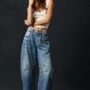 High Stretch Mid-Rise Barrel Jeans Fashion Wide Leg Shape Women Casual Baggy Mid Waist Denim Jeans