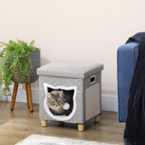 PawHut Cat House Cave, Cat Bed Cube With Scratching Pad, Soft Detachable & Washable Cushion, Toy Ball, For Indoor Kittens, Grey