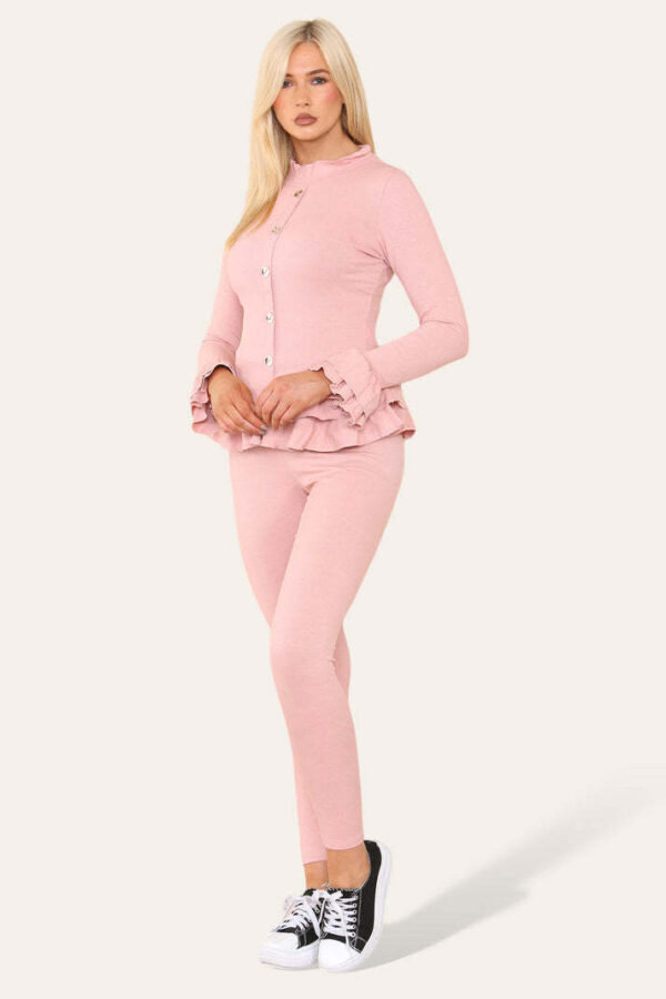 Long Sleeves Peplum Front Buttons Frilled Hem Lounge Wear Set