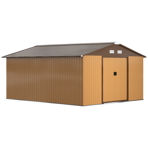 4a0c6cd2-2426-46a2-9015-871915c9a21b.jpg Outsunny 13 X 11ft Metal Garden Shed, Outdoor Storage Tool House With Ventilation Slots, Foundation Kit And Lockable Double Doors, Light Brown