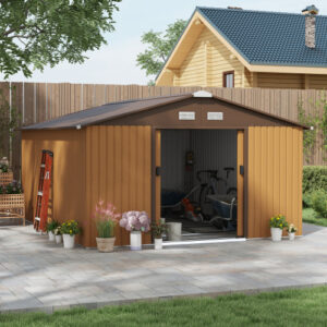 Outsunny 13 X 11ft Metal Garden Shed, Outdoor Storage Tool House With Ventilation Slots, Foundation Kit And Lockable Double Doors, Light Brown