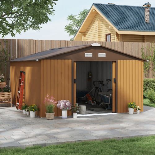 4befc887-b9b4-4505-9530-c4526924dfa2.jpg Outsunny 13 X 11ft Metal Garden Shed, Outdoor Storage Tool House With Ventilation Slots, Foundation Kit And Lockable Double Doors, Light Brown
