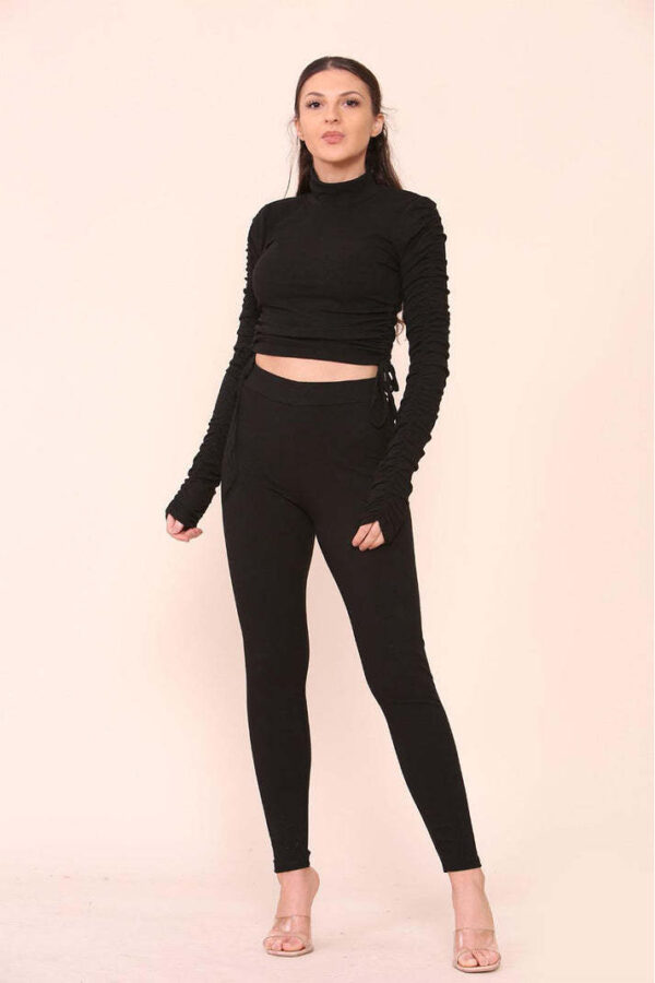 High Neck Ruched Side Arm Solid Drawstrings Ribbed Tee And Leggings Set