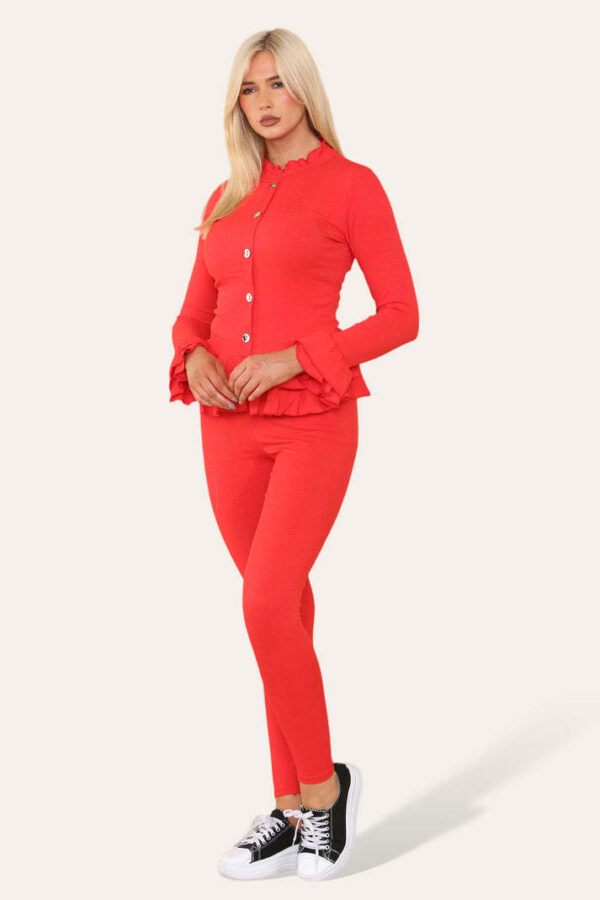 Long Sleeves Peplum Front Buttons Frilled Hem Lounge Wear Set