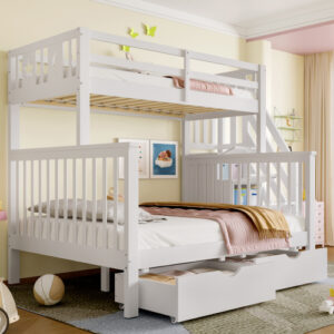 Bunk Beds For Kids, Double High Sleeper Bed Frame With Storage And Guardrail, Space-Saving Design With Drawer Storage, Children Cabin Bed With Storage Stair For Bedroom, Dorm, White No Mattress