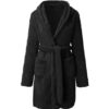 Solid Color Pockets Hooded Teddy Coat, Casual Long Sleeve Faux Fur Belted Outwear, Women's Clothing