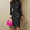 6226080a-3ecd-4ee6-a6f2-46da6c65fe53.jpg Elegant Solid Color Women's Long Sleeve Dress, Stand Collar With Golden Buttons Bodycon Slit Hem Dress For Formal Occasions