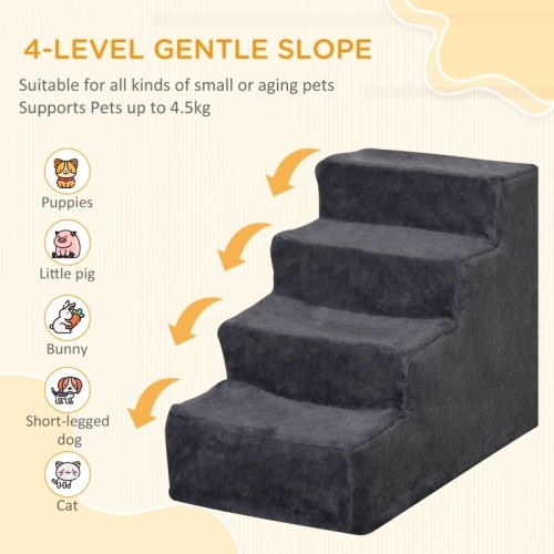 PawHut Four-Step Dog Stairs, With Washable Plush Cover, For High Bed Sofa, Dog Stairs For Small Dog And Cat - Dark Grey