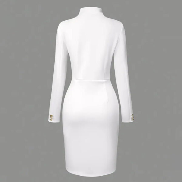 75c4dc14-b4d9-4dc1-a786-696fe04a27c8.jpg Elegant Solid Color Women's Long Sleeve Dress, Stand Collar With Golden Buttons Bodycon Slit Hem Dress For Formal Occasions