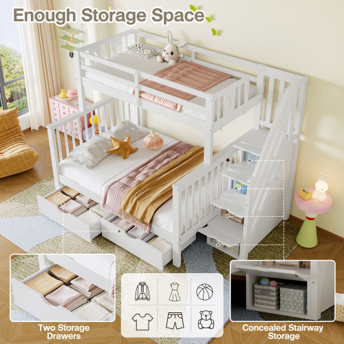 Bunk Beds For Kids, Double High Sleeper Bed Frame With Storage And Guardrail, Space-Saving Design With Drawer Storage, Children Cabin Bed With Storage Stair For Bedroom, Dorm, White No Mattress