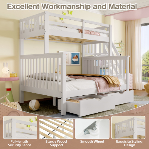 Bunk Beds For Kids, Double High Sleeper Bed Frame With Storage And Guardrail, Space-Saving Design With Drawer Storage, Children Cabin Bed With Storage Stair For Bedroom, Dorm, White No Mattress