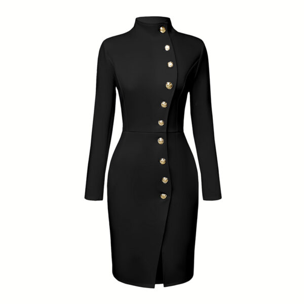 ba43d6c7-be52-4a9e-be3e-3eec489bf5ec.jpg Elegant Solid Color Women's Long Sleeve Dress, Stand Collar With Golden Buttons Bodycon Slit Hem Dress For Formal Occasions