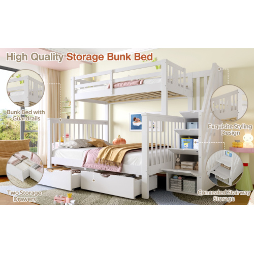 Bunk Beds For Kids, Double High Sleeper Bed Frame With Storage And Guardrail, Space-Saving Design With Drawer Storage, Children Cabin Bed With Storage Stair For Bedroom, Dorm, White No Mattress