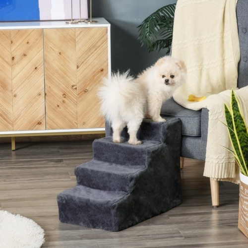 PawHut Four-Step Dog Stairs, With Washable Plush Cover, For High Bed Sofa, Dog Stairs For Small Dog And Cat - Dark Grey