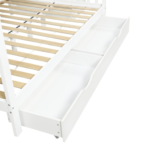 Bunk Beds For Kids, Double High Sleeper Bed Frame With Storage And Guardrail, Space-Saving Design With Drawer Storage, Children Cabin Bed With Storage Stair For Bedroom, Dorm, White No Mattress
