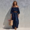 Womens Boat-Neck Sleeveless Casual Cotton-Linen Maxi Dress
