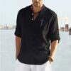 New Casual Cotton And Linen Embroidery Solid Color Long Sleeved Shirt For Men