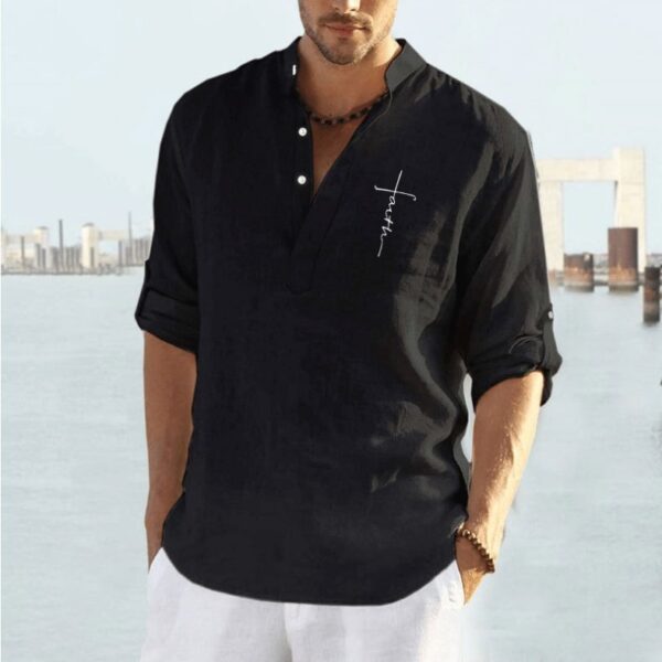 New Casual Cotton And Linen Embroidery Solid Color Long Sleeved Shirt For Men