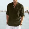 New Casual Cotton And Linen Embroidery Solid Color Long Sleeved Shirt For Men