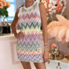 Rainbow Knit Dress Women Mini Dresses Patchwork Casual