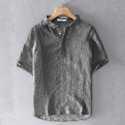 1622530714641.jpg Linen Striped Short Sleeve Shirt Summer Retro Shirt Breathable Linen Linen Cotton Linen Square Collar T-shirt
