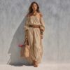 Womens Boat-Neck Sleeveless Casual Cotton-Linen Maxi Dress