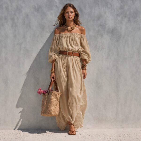 Womens Boat-Neck Sleeveless Casual Cotton-Linen Maxi Dress