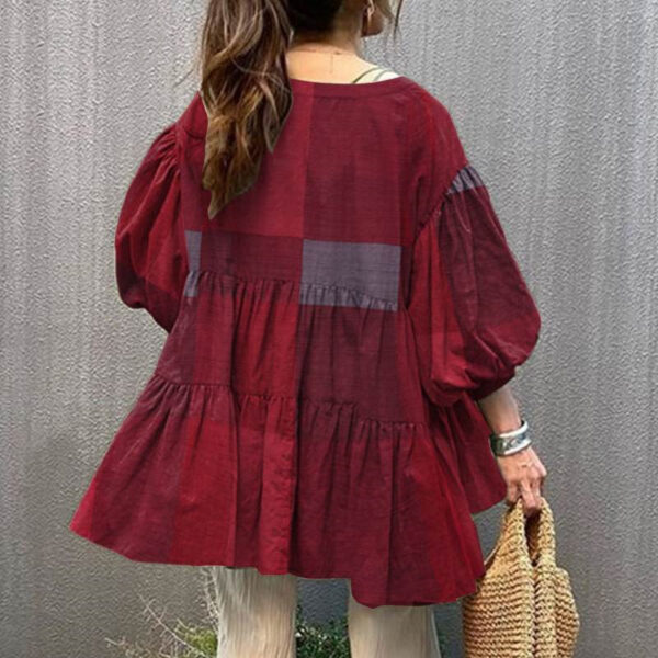 Women's Plaid Casual Top Cotton Linen Summer Puff Sleeve Oversized Shirt