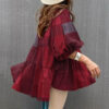 Women's Plaid Casual Top Cotton Linen Summer Puff Sleeve Oversized Shirt