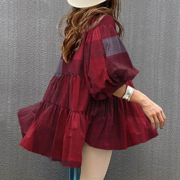 Women's Plaid Casual Top Cotton Linen Summer Puff Sleeve Oversized Shirt