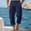 American Beach Pants Solid Color Cotton Linen Loose Drawstring Button Casual Trousers Men