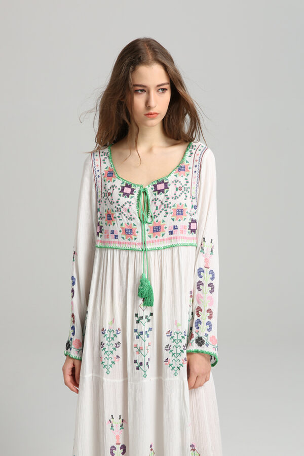 Boho Embroidered Floral Lace-up Maxi Dress