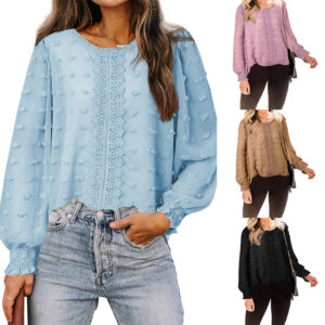 664ce555-3182-41a2-932d-c45f795cb8a1.jpg Chiffon Jacquard Lantern Long-sleeved Round Neck Blouse Women