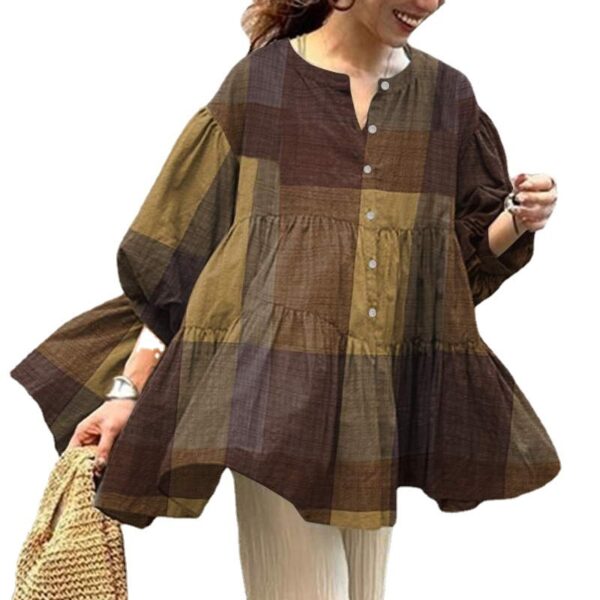 Women's Plaid Casual Top Cotton Linen Summer Puff Sleeve Oversized Shirt