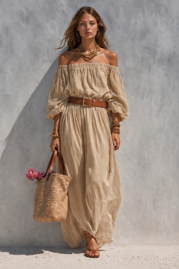 Womens Boat-Neck Sleeveless Casual Cotton-Linen Maxi Dress