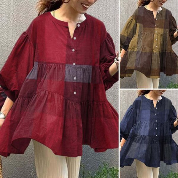 Women's Plaid Casual Top Cotton Linen Summer Puff Sleeve Oversized Shirt