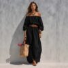 Womens Boat-Neck Sleeveless Casual Cotton-Linen Maxi Dress