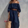 Womens Boat-Neck Sleeveless Casual Cotton-Linen Maxi Dress