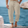 American Beach Pants Solid Color Cotton Linen Loose Drawstring Button Casual Trousers Men