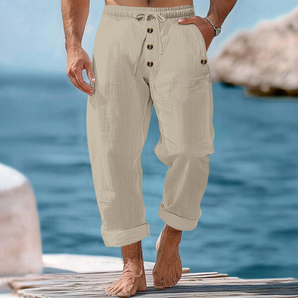American Beach Pants Solid Color Cotton Linen Loose Drawstring Button Casual Trousers Men