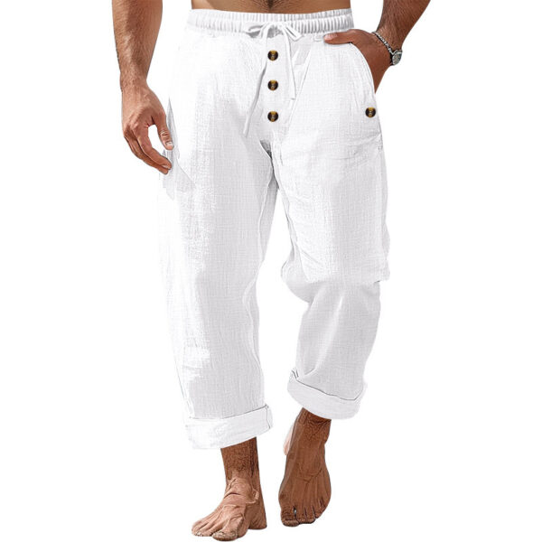 American Beach Pants Solid Color Cotton Linen Loose Drawstring Button Casual Trousers Men
