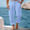 American Beach Pants Solid Color Cotton Linen Loose Drawstring Button Casual Trousers Men