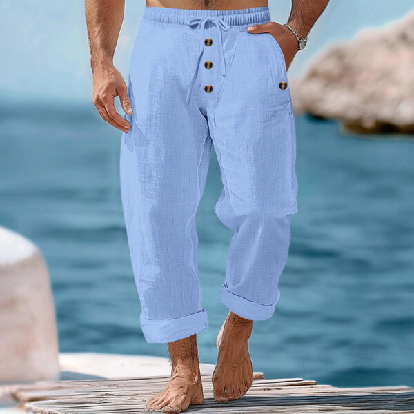 American Beach Pants Solid Color Cotton Linen Loose Drawstring Button Casual Trousers Men