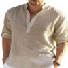 New Casual Cotton And Linen Embroidery Solid Color Long Sleeved Shirt For Men