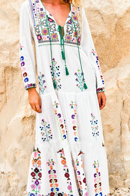 Boho Embroidered Floral Lace-up Maxi Dress