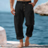 American Beach Pants Solid Color Cotton Linen Loose Drawstring Button Casual Trousers Men
