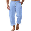 American Beach Pants Solid Color Cotton Linen Loose Drawstring Button Casual Trousers Men